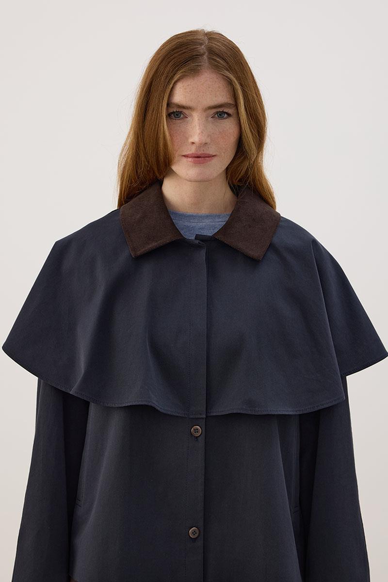 Pelerin Detaylı Kısa Trençkot Lacivert