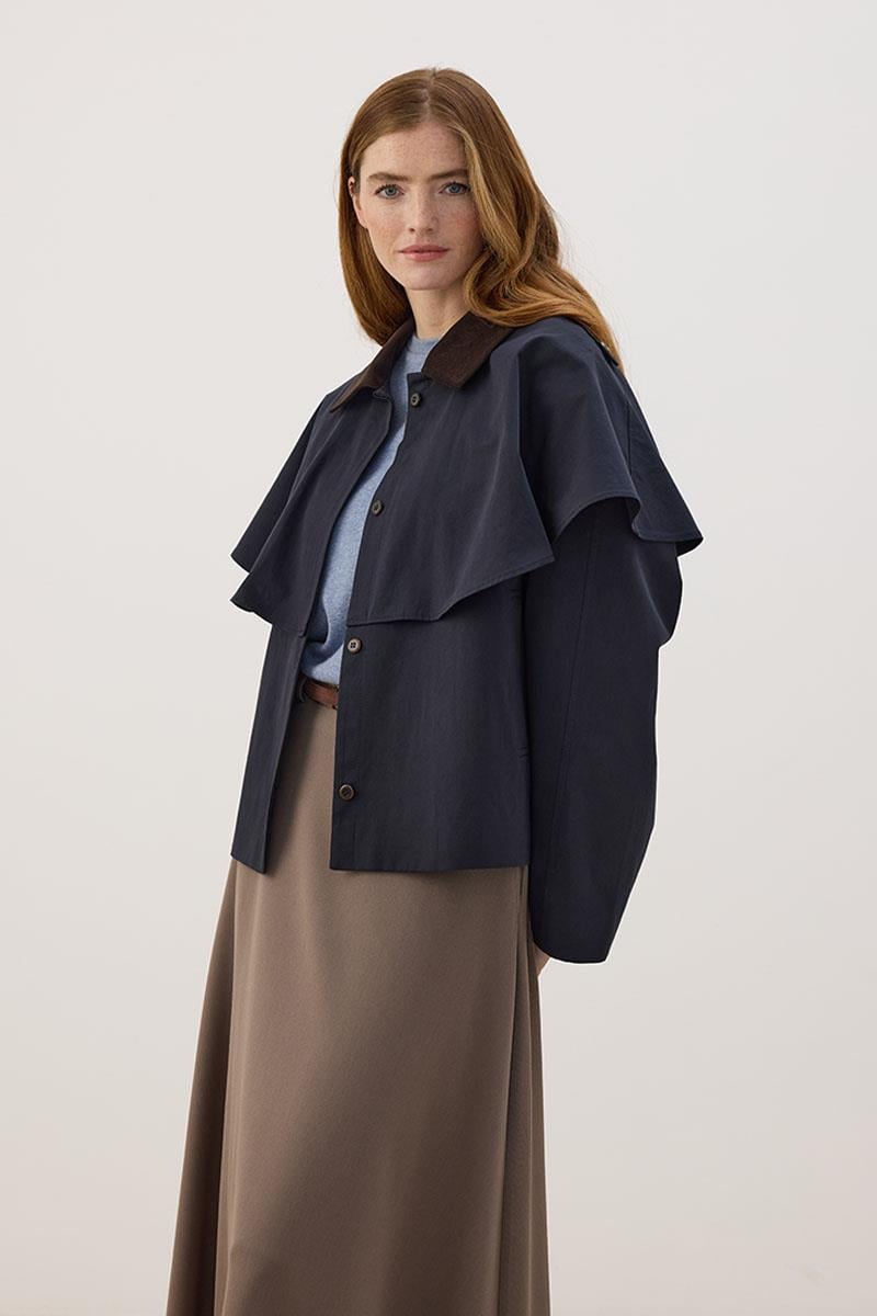 Pelerin Detaylı Kısa Trençkot Lacivert