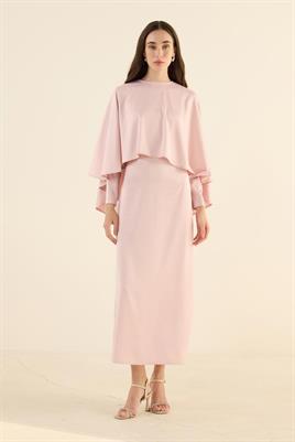 Pelerini Çıkabilen Gece Elbisesi Pudra