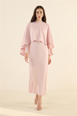 Pelerini Çıkabilen Gece Elbisesi Pudra