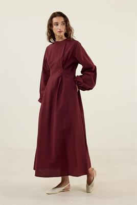 Pile Detaylı Elbise Bordo