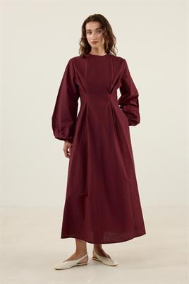 Pile Detaylı Elbise Bordo
