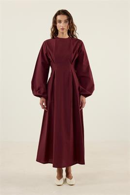 Pile Detaylı Elbise Bordo