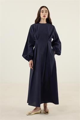 Pile Detaylı Elbise Lacivert