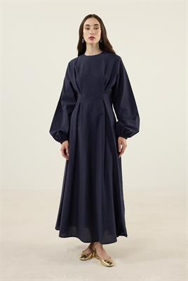 Pile Detaylı Elbise Lacivert