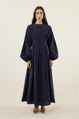 Pile Detaylı Elbise Lacivert