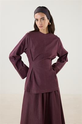 Pile Detaylı Kot Bluz Bordo