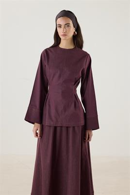Pile Detaylı Kot Bluz Bordo