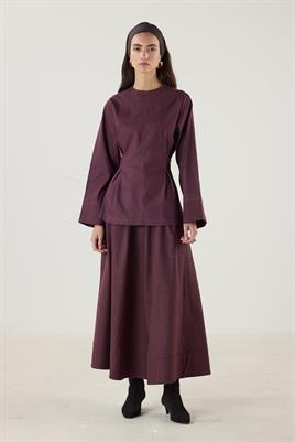 Pile Detaylı Kot Bluz Bordo