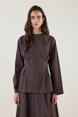 Pile Detaylı Kot Bluz Kahverengi