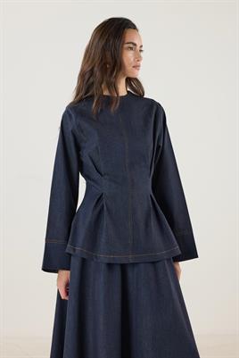 Pile Detaylı Kot Bluz Lacivert