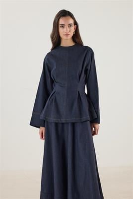 Pile Detaylı Kot Bluz Lacivert