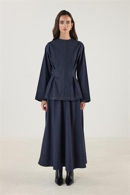 Pile Detaylı Kot Bluz Lacivert