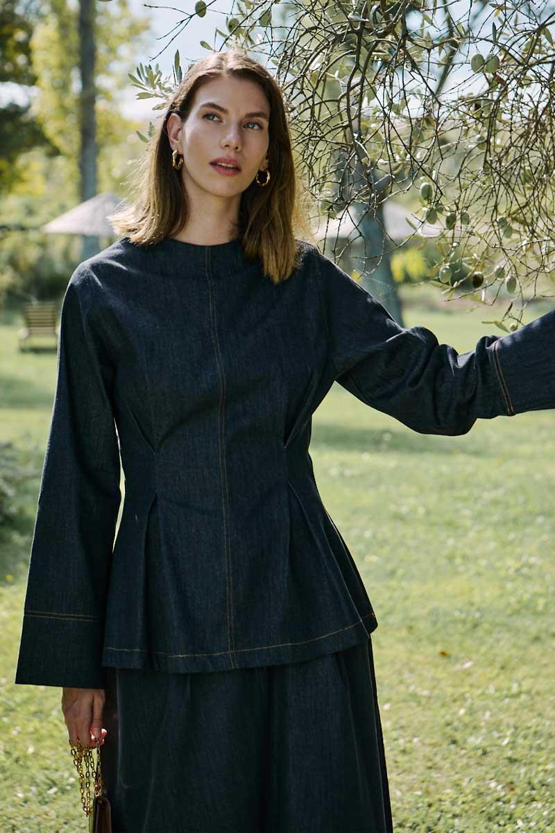 Pile Detaylı Kot Bluz Lacivert