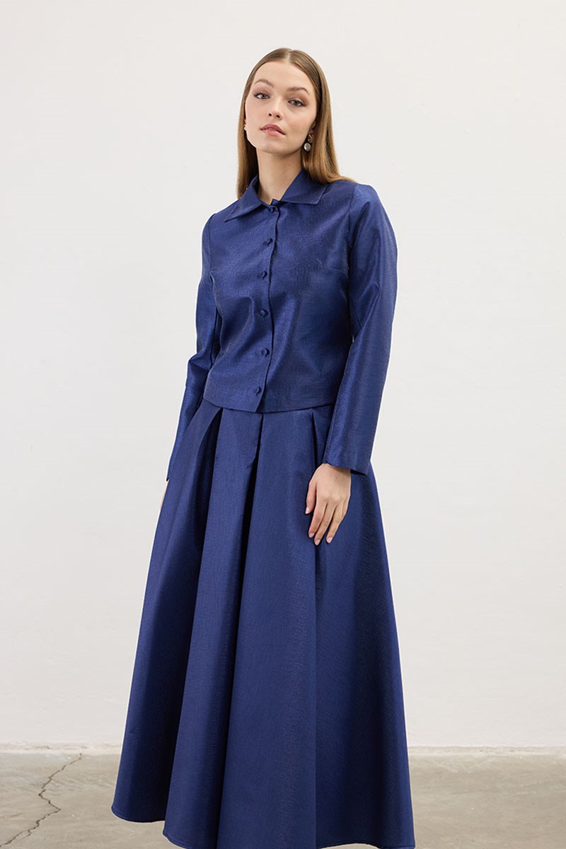 Pileli Abiye Etek Lacivert