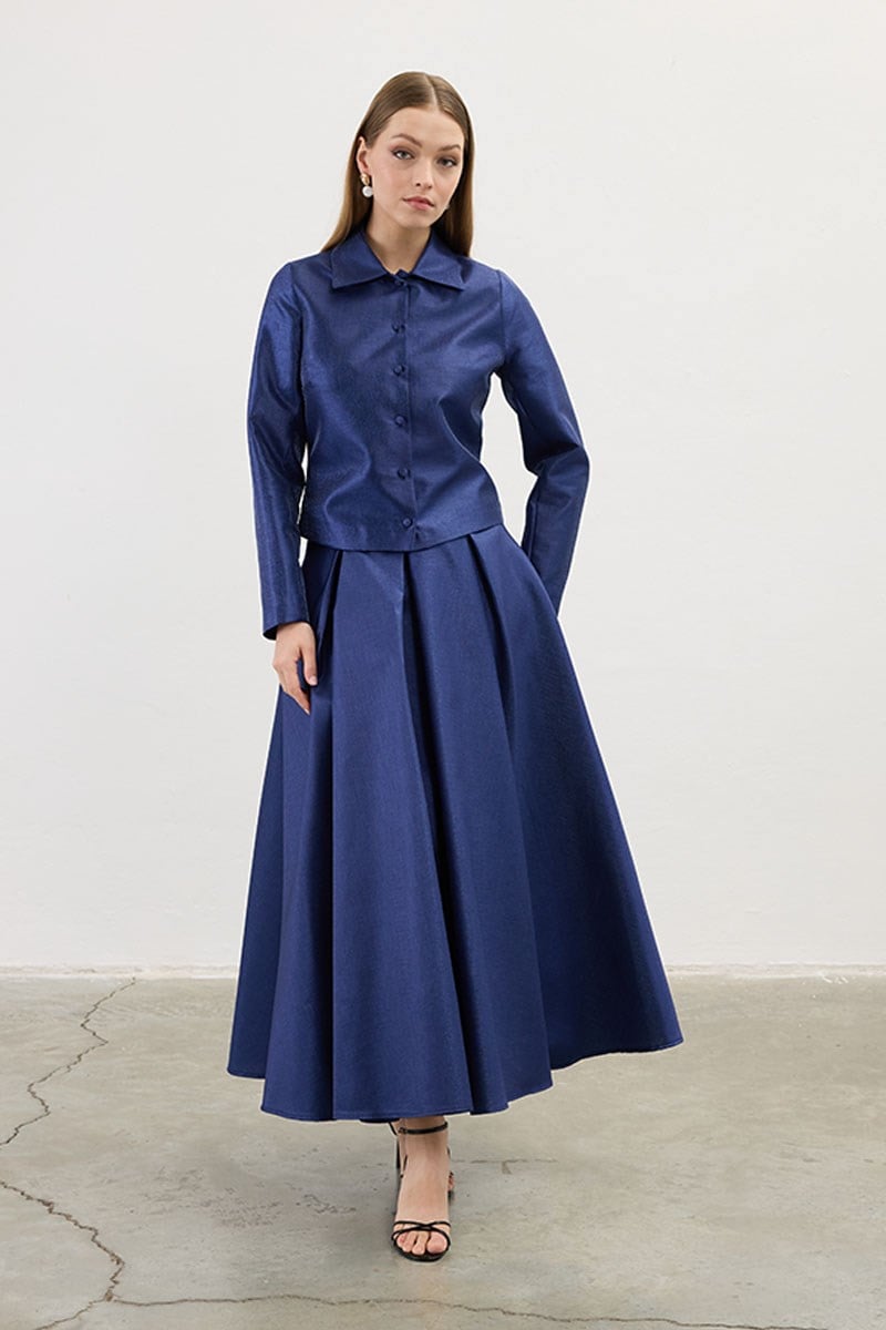 Pileli Abiye Etek Lacivert