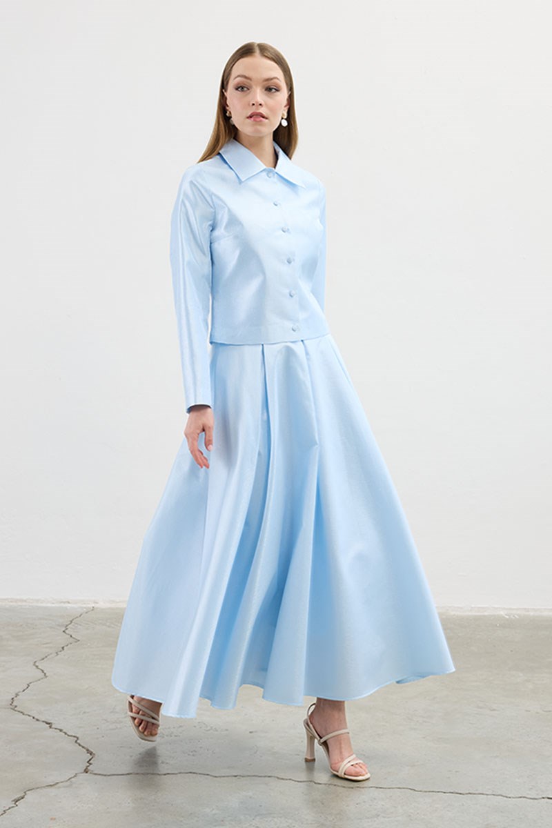 Pileli Abiye Etek Mavi