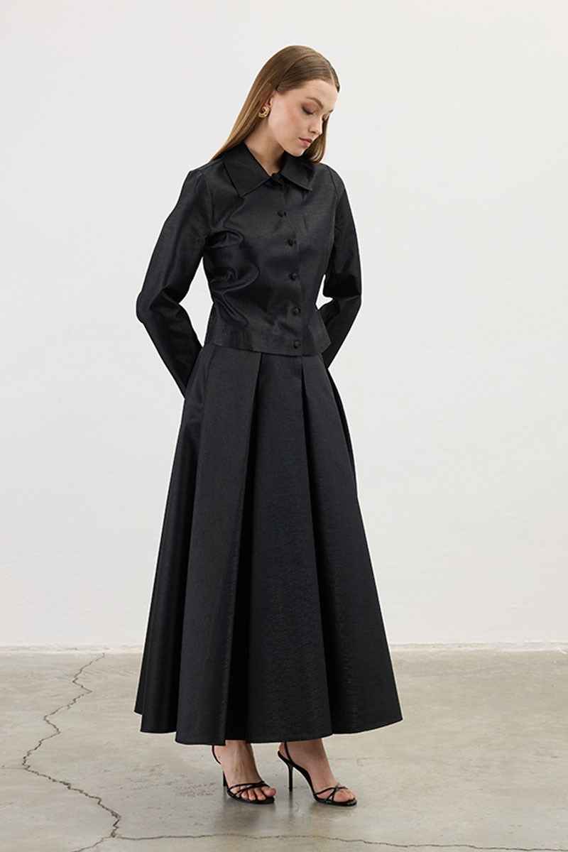 Pileli Abiye Etek Siyah