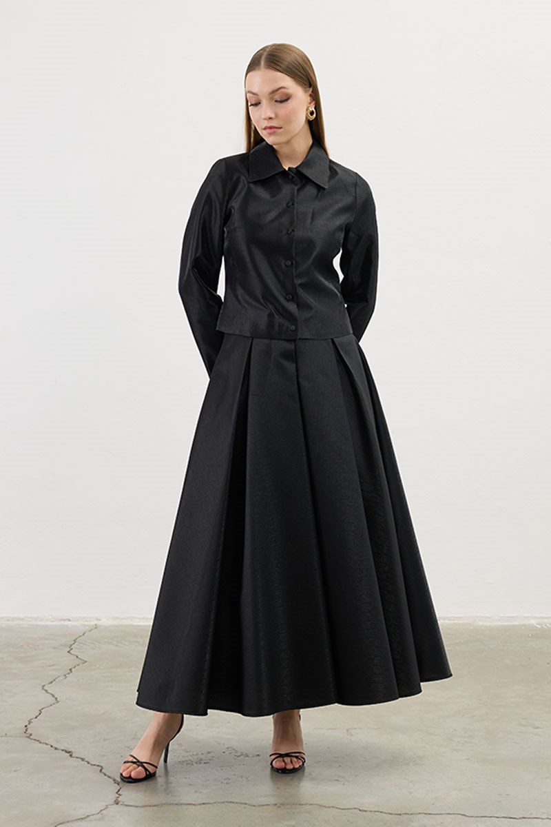 Pileli Abiye Etek Siyah