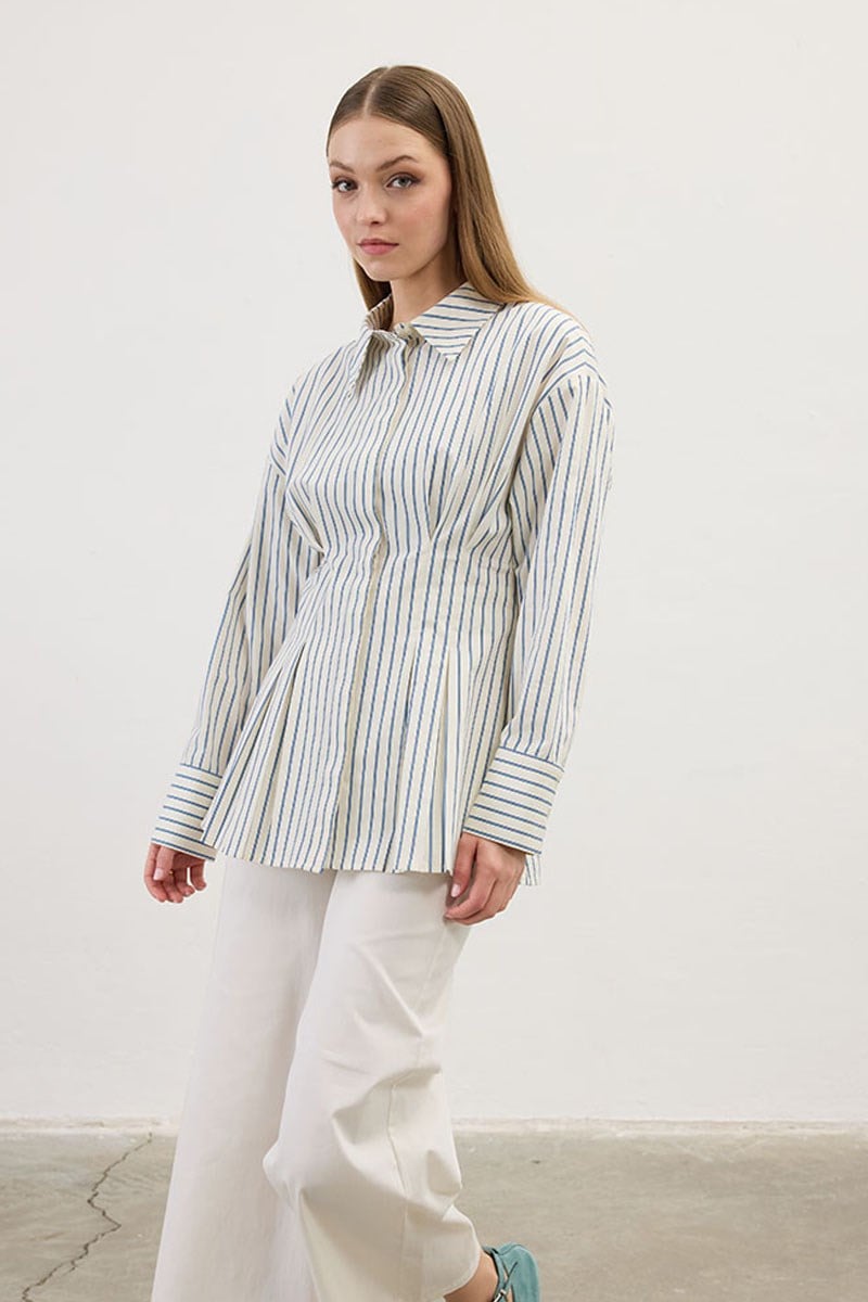 Pileli Çizgili Gömlek Açık mavi