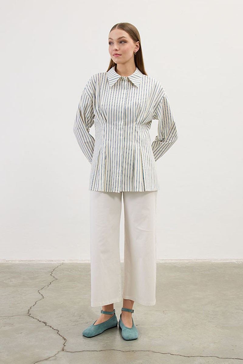 Pileli Çizgili Gömlek Açık mavi