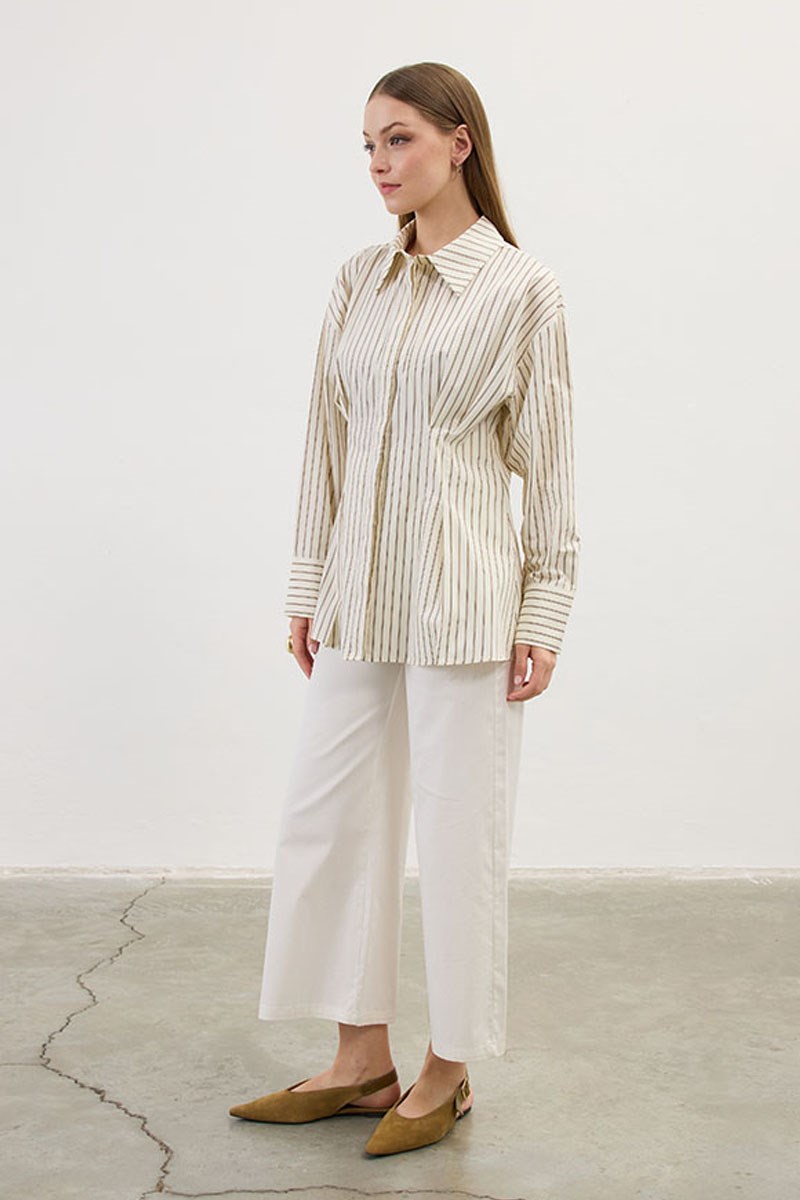 Pileli Çizgili Gömlek Krem