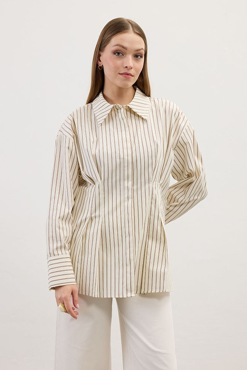 Pileli Çizgili Gömlek Krem
