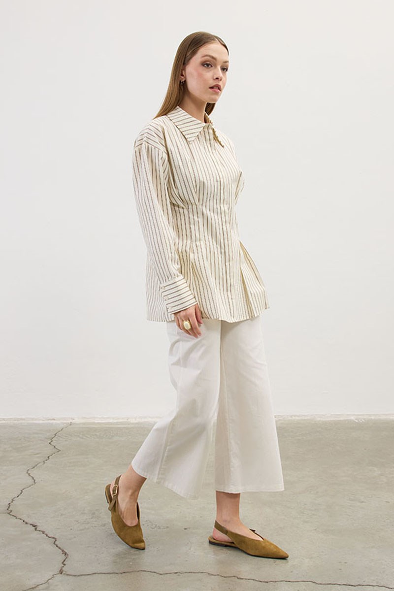 Pileli Çizgili Gömlek Krem
