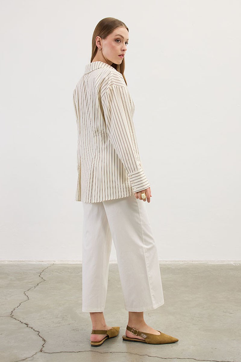 Pileli Çizgili Gömlek Krem