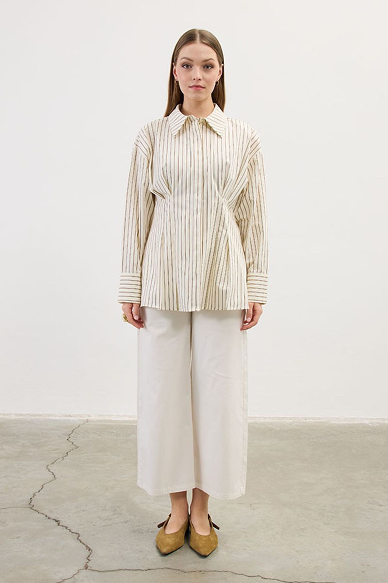 Pileli Çizgili Gömlek Krem