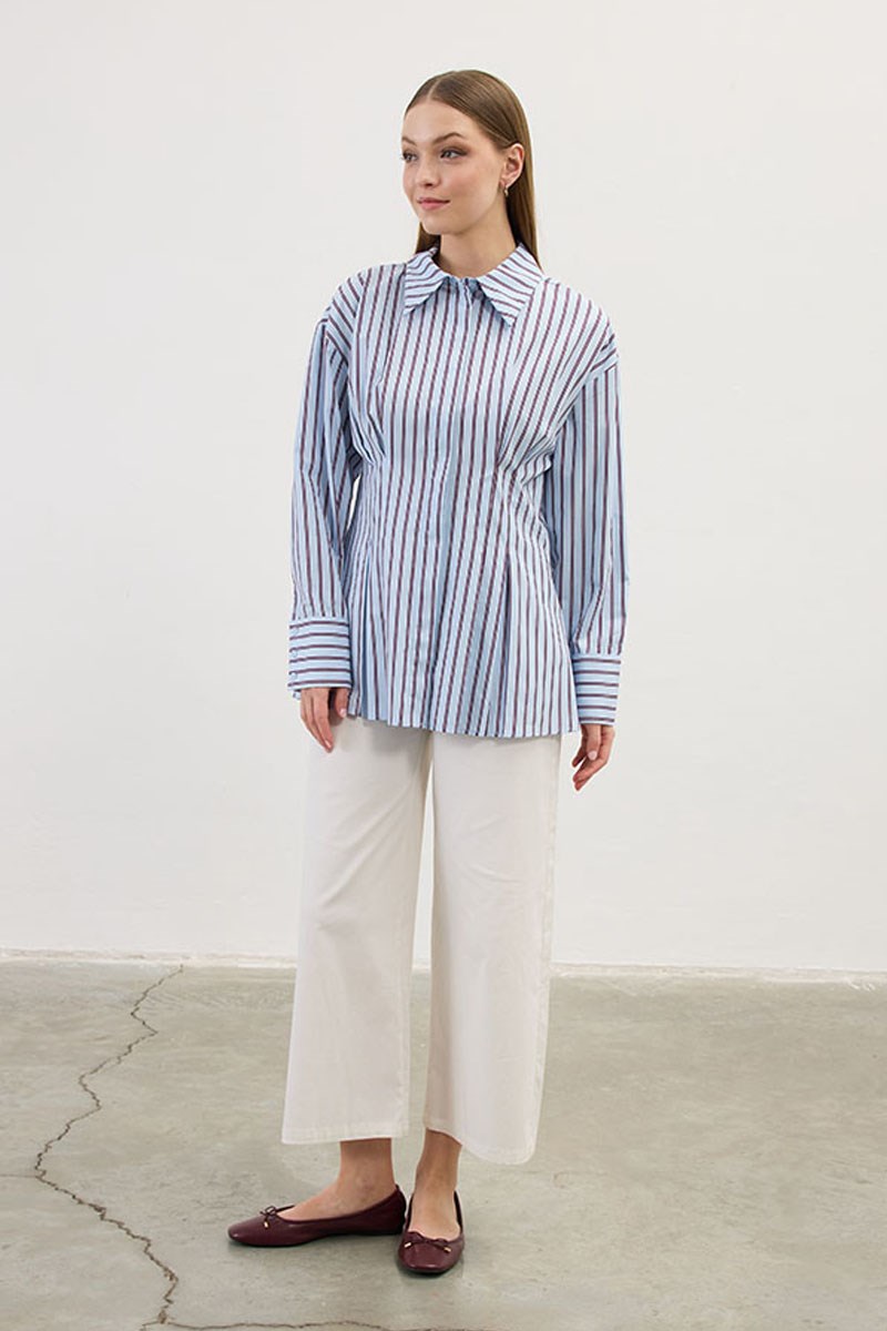 Pileli Çizgili Gömlek Mavi