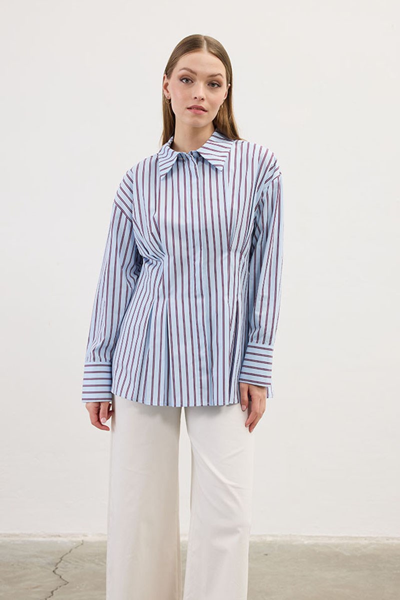 Pileli Çizgili Gömlek Mavi