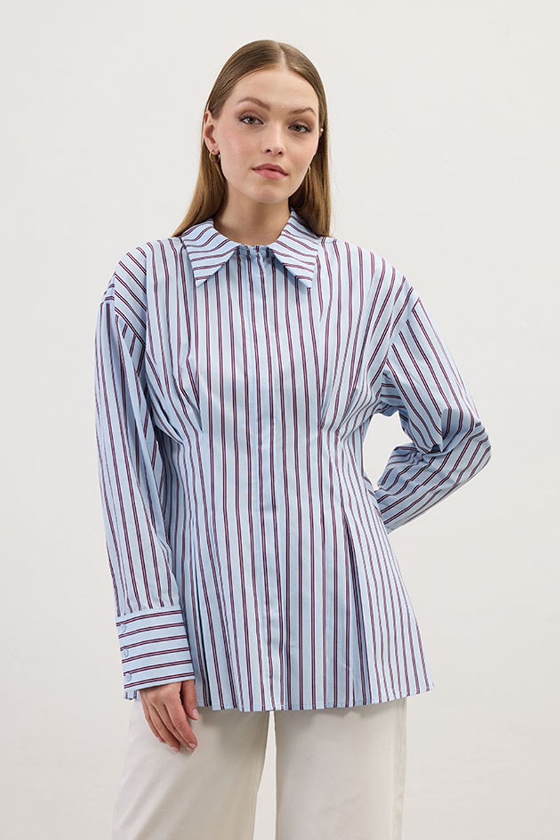 Pileli Çizgili Gömlek Mavi
