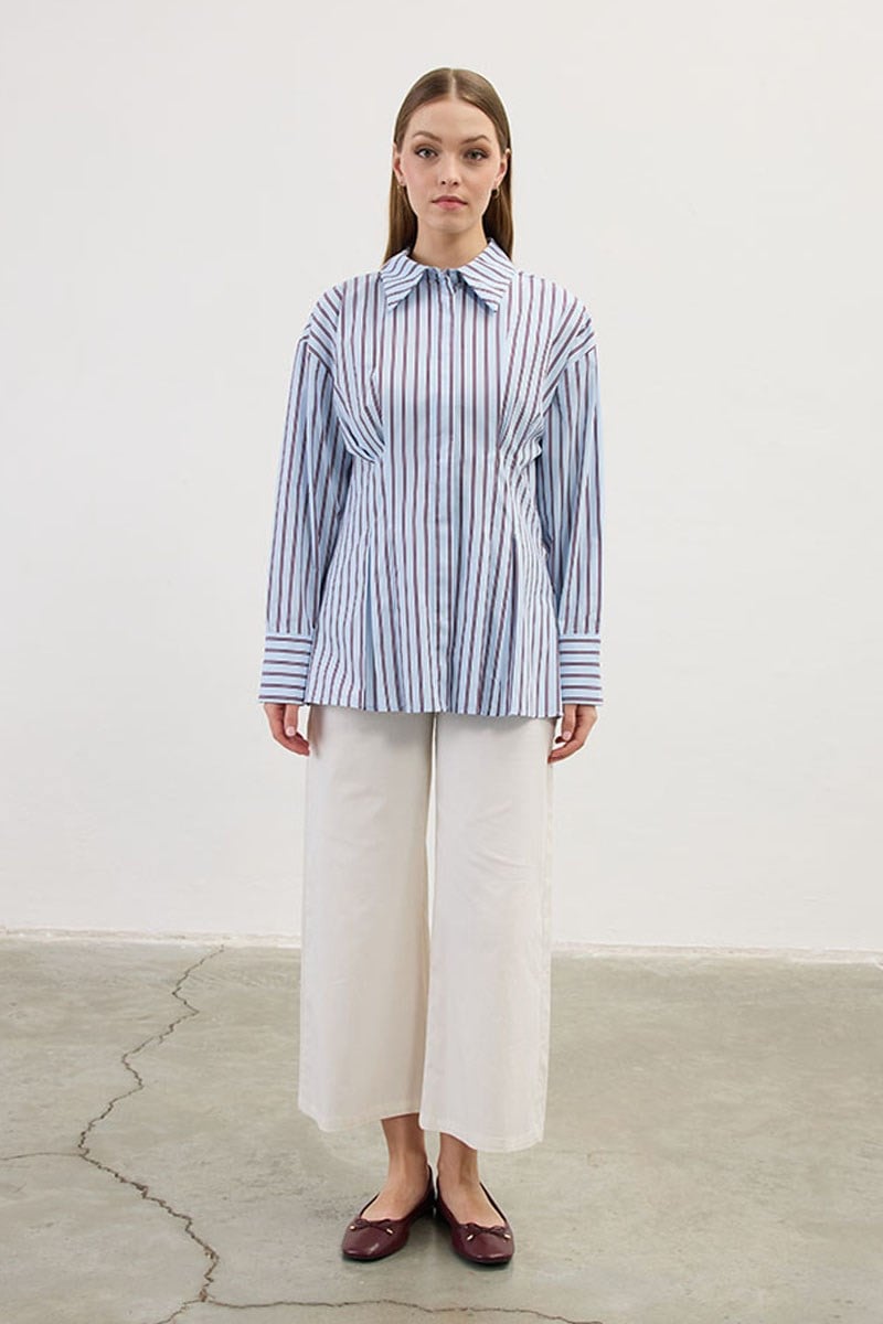 Pileli Çizgili Gömlek Mavi