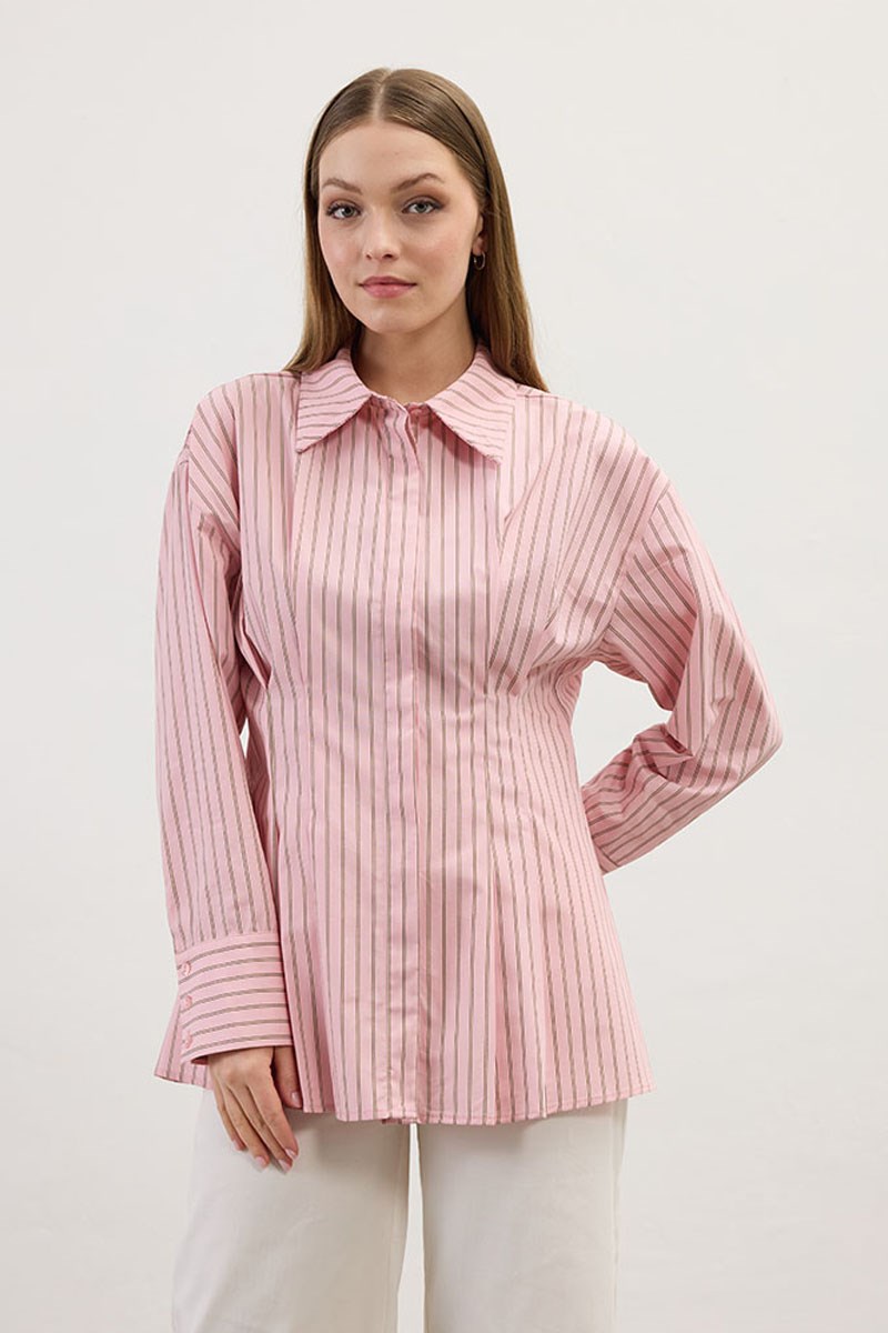 Pileli Çizgili Gömlek Pembe
