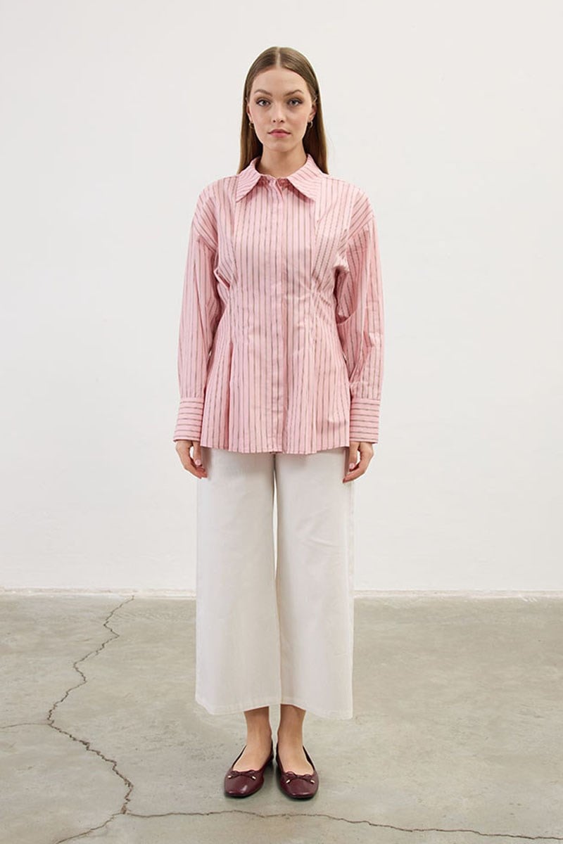 Pileli Çizgili Gömlek Pembe