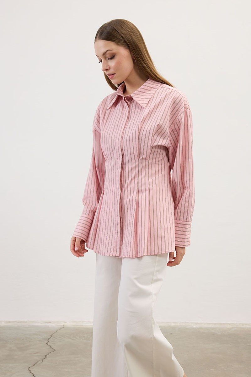 Pileli Çizgili Gömlek Pembe