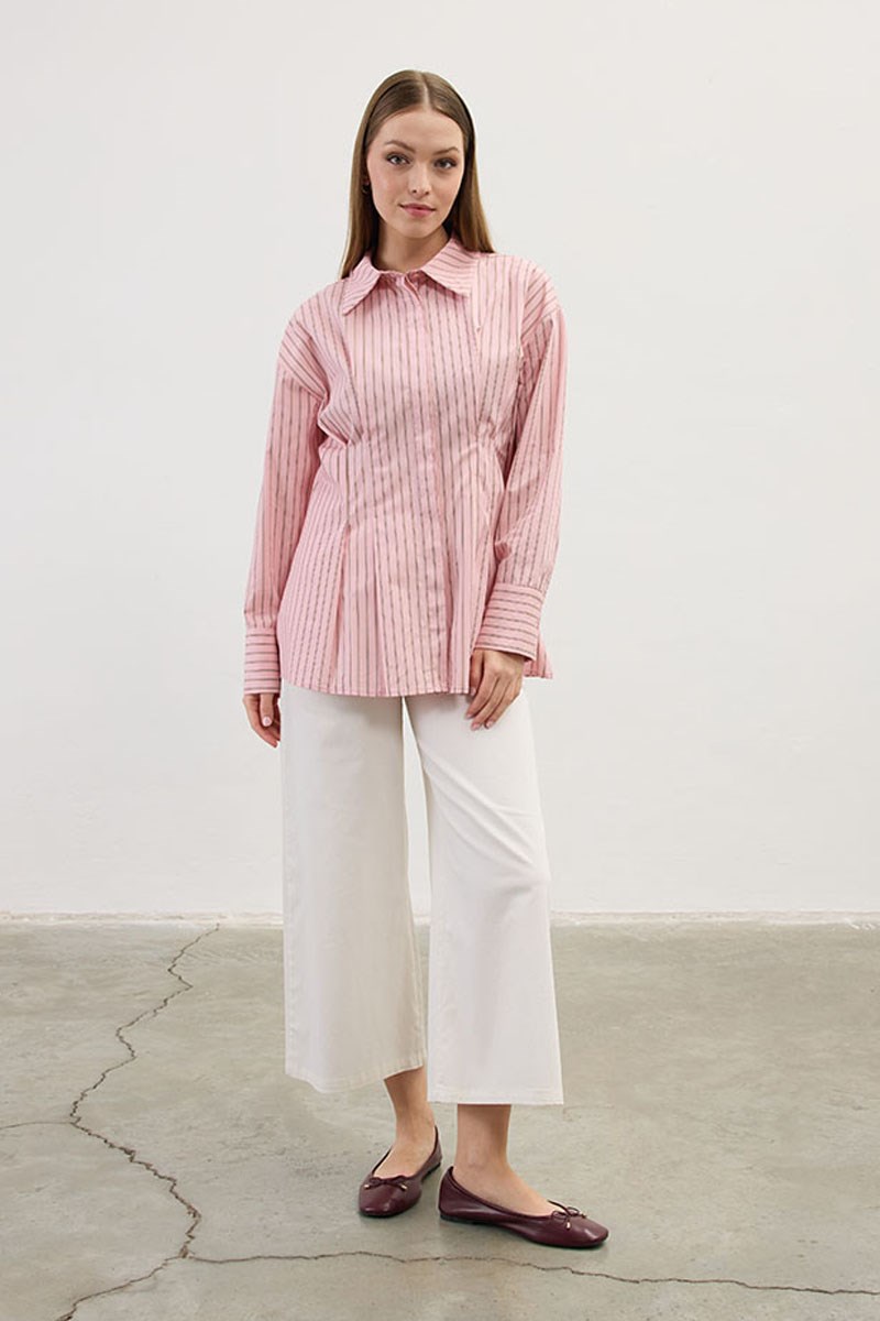 Pileli Çizgili Gömlek Pembe