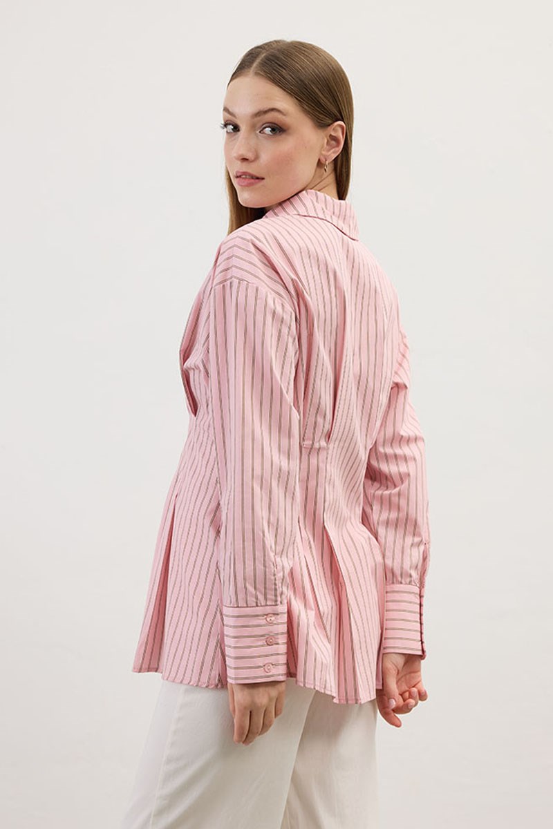 Pileli Çizgili Gömlek Pembe