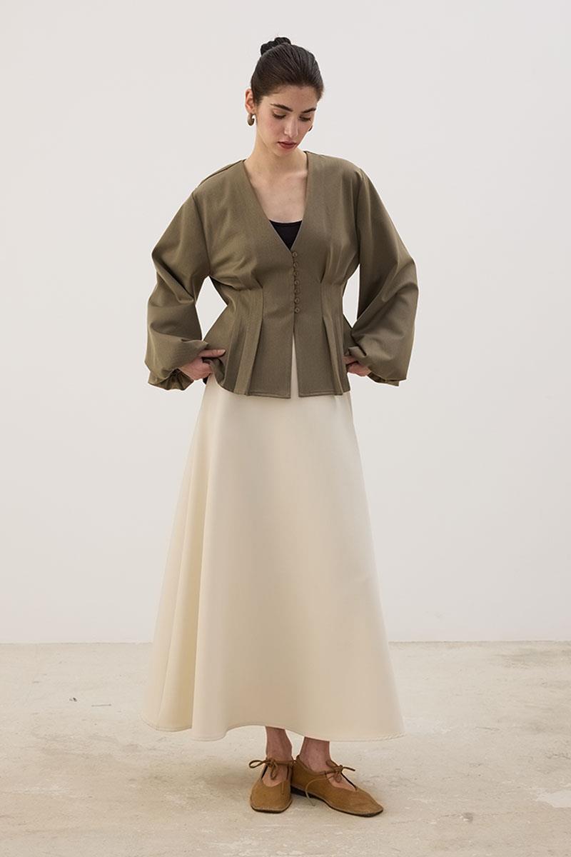 Pileli Kısa Ceket Haki