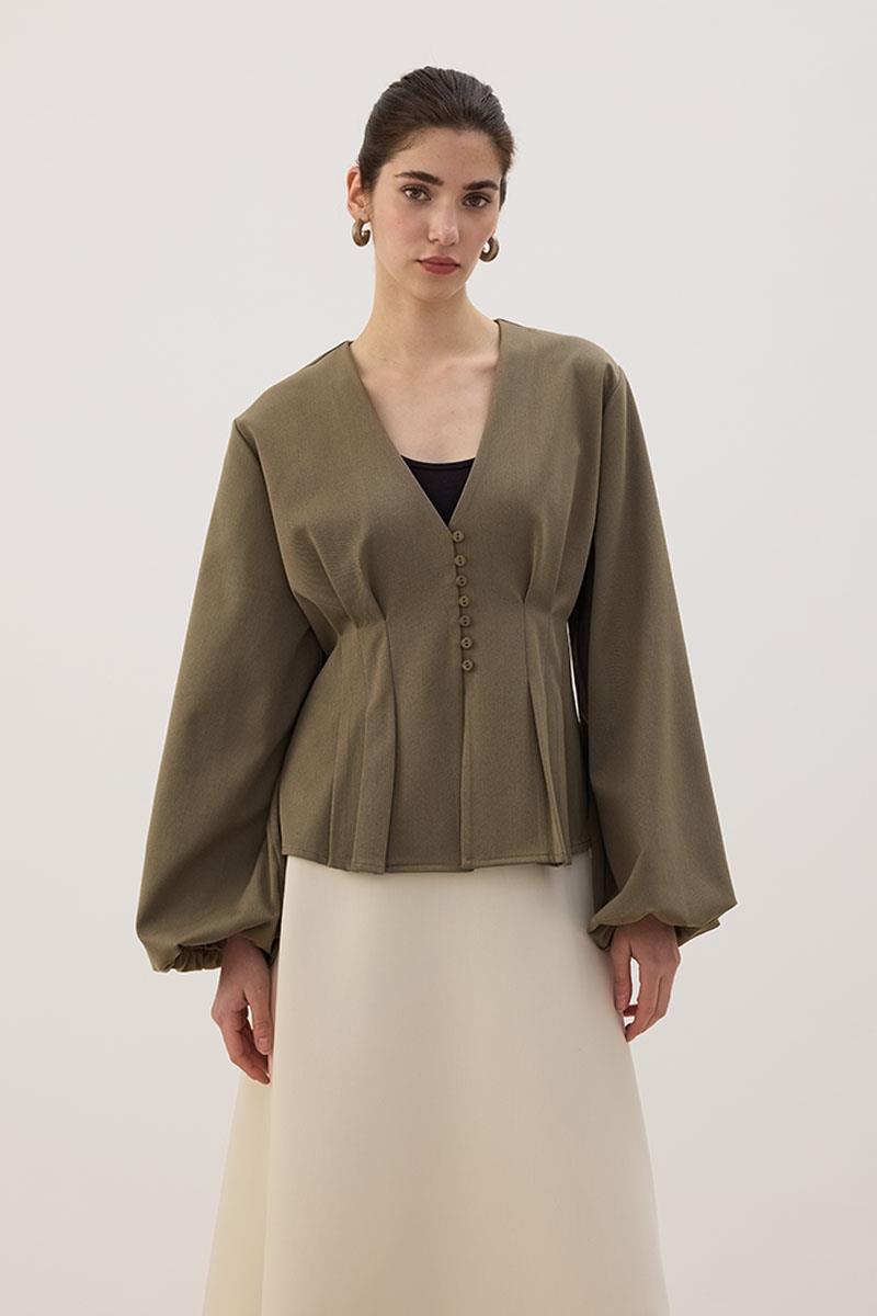 Pileli Kısa Ceket Haki