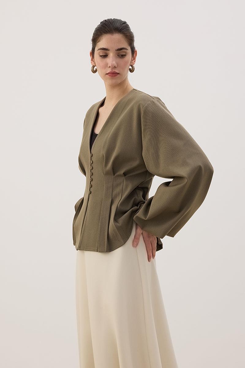 Pileli Kısa Ceket Haki