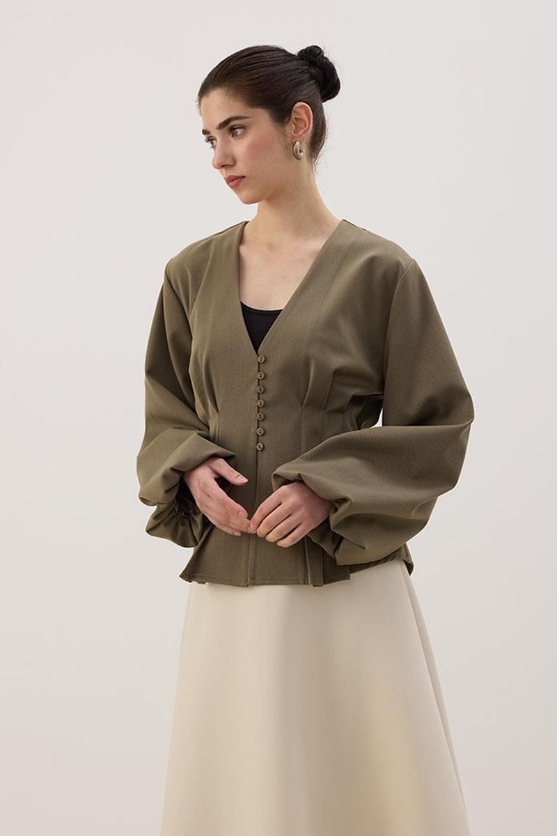 Pileli Kısa Ceket Haki