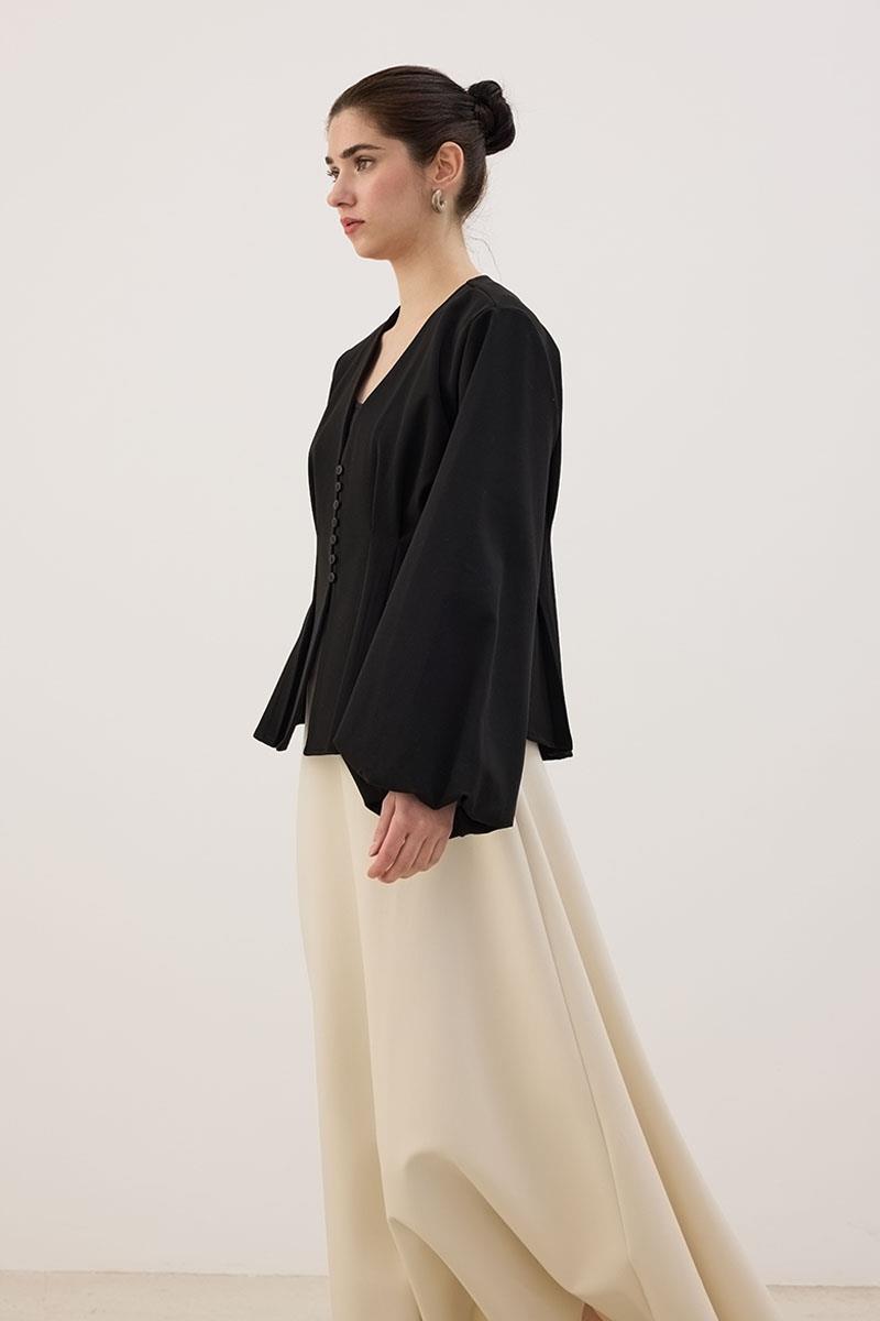 Pileli Kısa Ceket Siyah