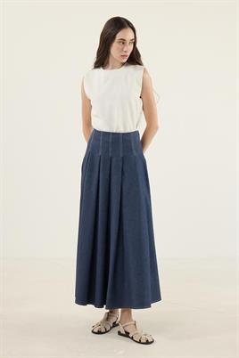 Pileli Kot Etek Beyaz Dikişli