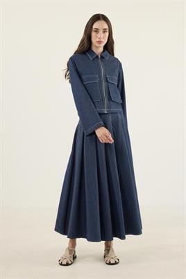 Pileli Kot Etek Beyaz Dikişli