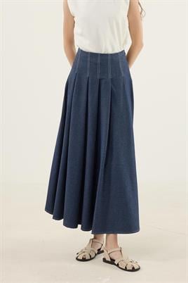 Pileli Kot Etek Beyaz Dikişli