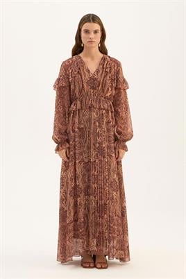 Pilise Detaylı Şifon Elbise Kahve