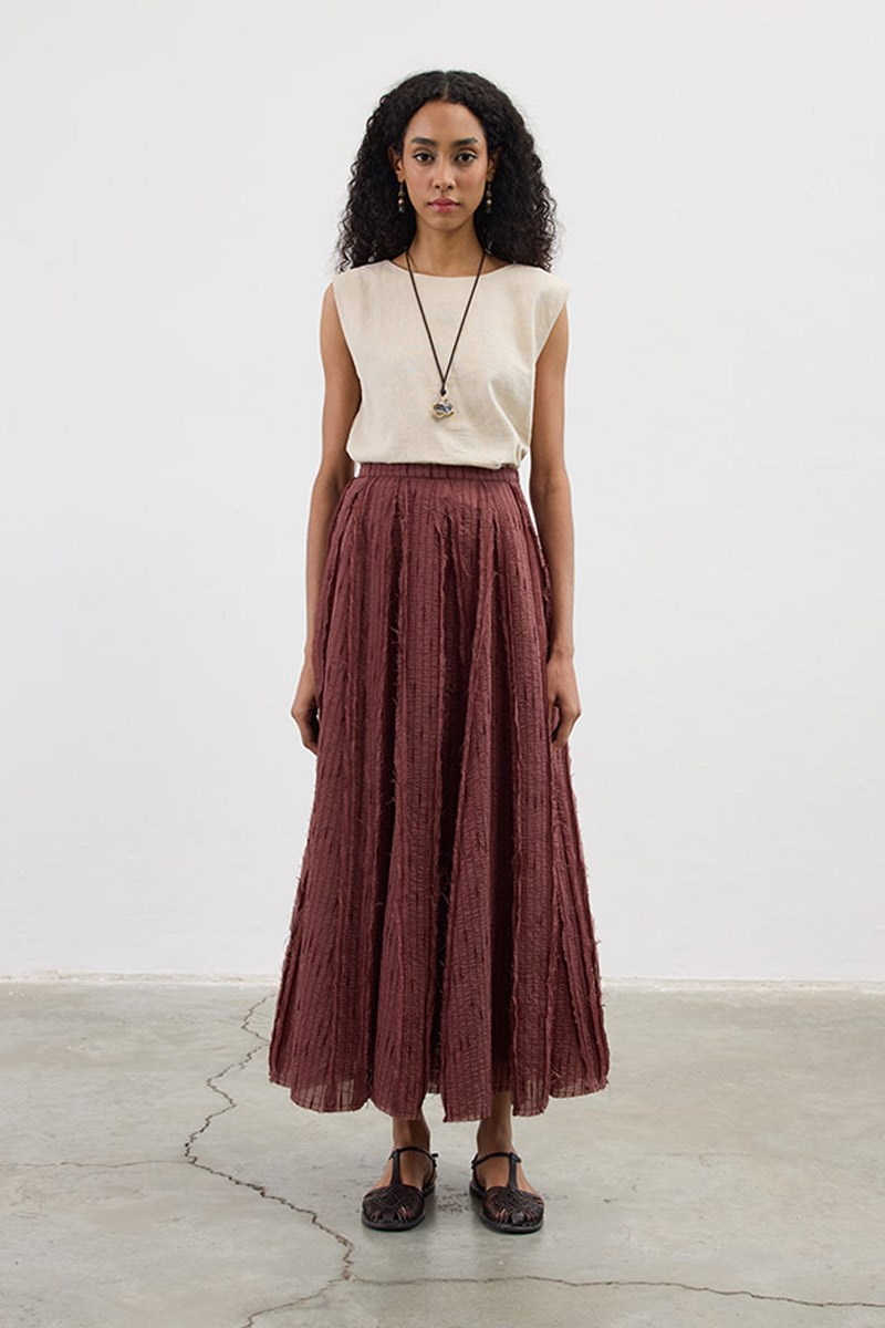 Pis Dikişli Tül Etek Kızıl Kahve