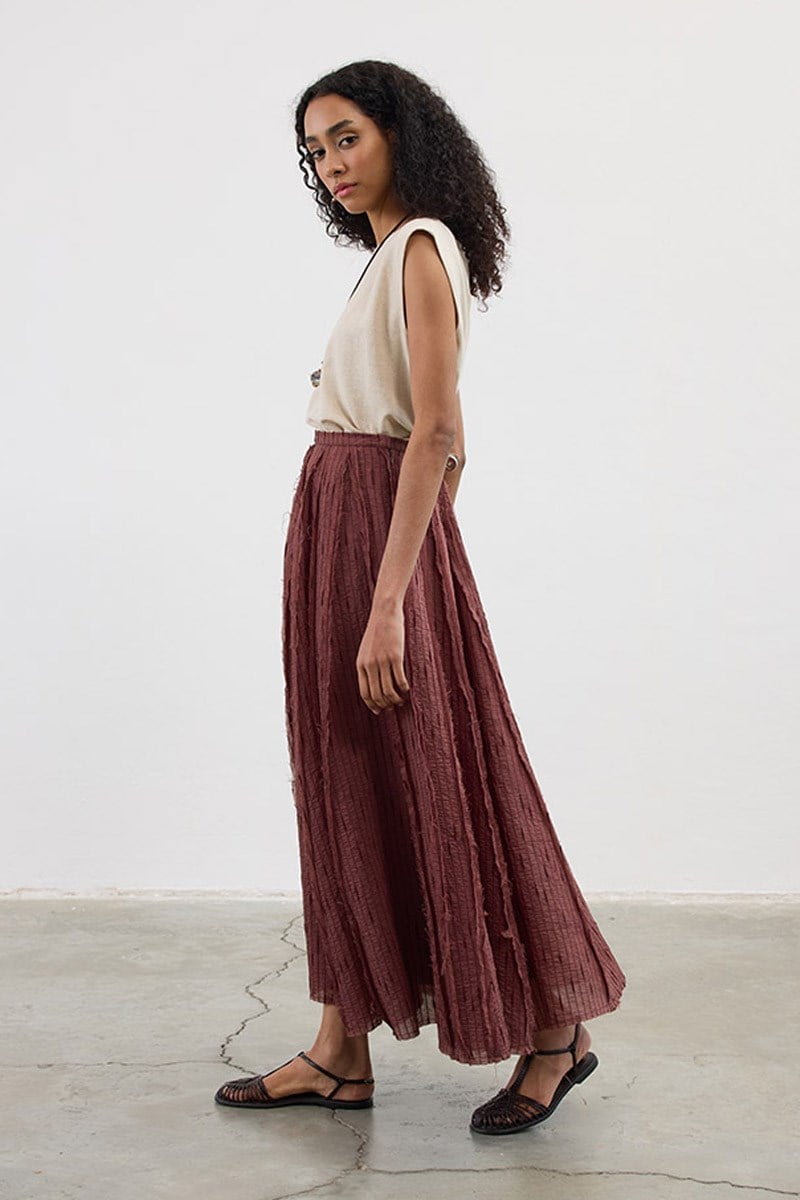 Pis Dikişli Tül Etek Kızıl Kahve